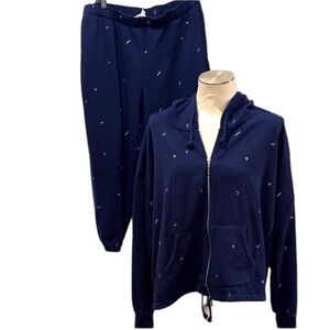 Peace Love World Navy Blue Pants & Hoodie Set with stars moons